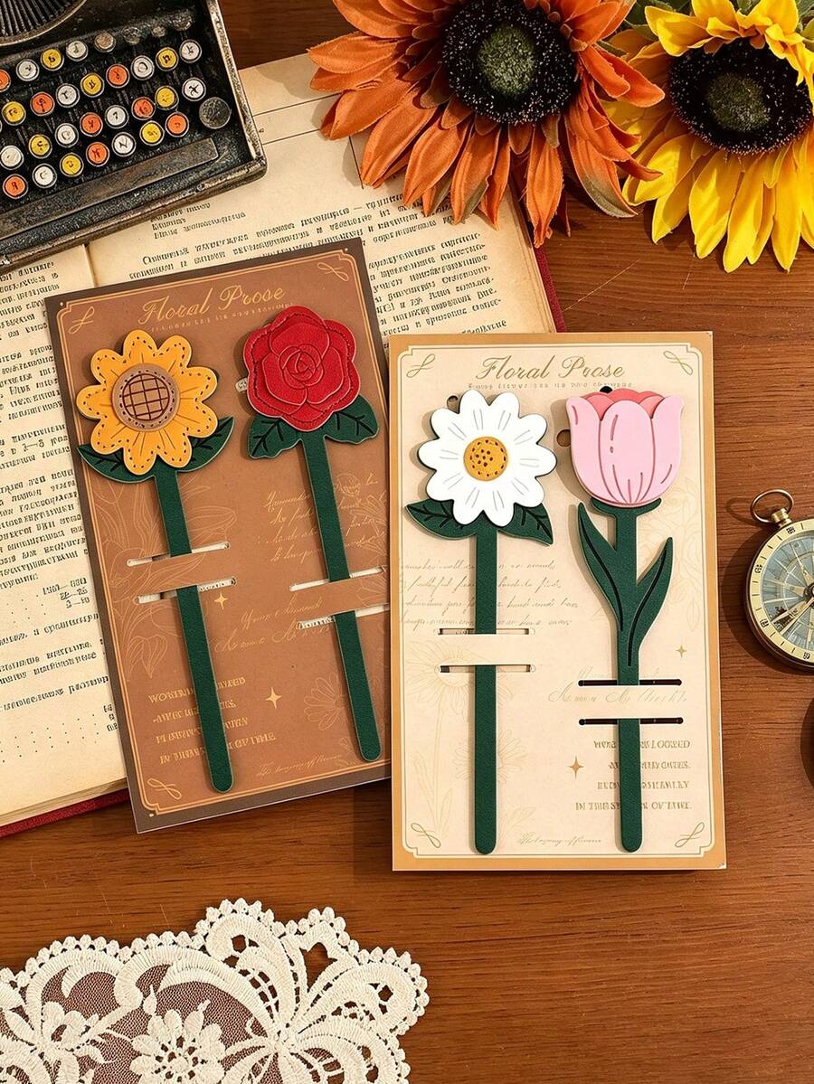 Artificial Leather Floral Bookmarks, Soft Flower Page Markers, Daisy, Tulip, Rose, Sunflower Patterns, Decorative Planner Accessories, Perfect Gift For Book Lovers, Writers, Students, Office Workers, Women, Cute Room Decor And Reading Gift - Multicolor - View 1