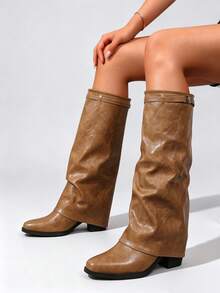 Women's Pointed Toe Chunky Heel Wedge Sexy Trousers Style Boots, Vintage Over-The-Knee Long Boots, Pair With Leggings - Brown - View 3