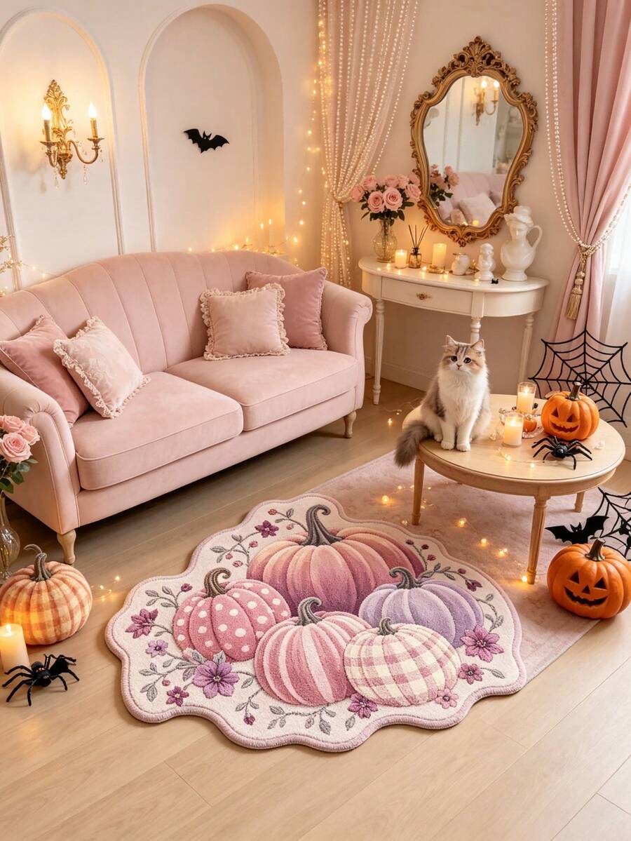 1 pieza 5 piezas Alfombra con forma de calabaza floral rosa y púrpura, estilo Halloween, Halloween, felpudo exterior, alfombra de cocina, decoración del hogar, alfombra de área, alfombra de jardín, alfombra lavable - Morado - Ver 1