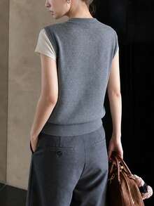 Rompi Pullover Wanita Baru Musim Gugur/Dingin Kasual Motif Argyle Kerah V - Grey - View 2