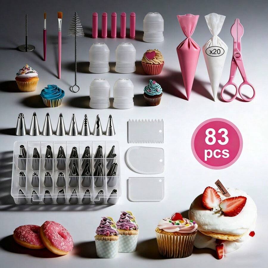 83 Piezas Juego Decoración Pasteles Acero Inoxidable, Boquillas, Bolsas Decoración, Espátulas, Acopladores, Raspadores, Bolígrafos, Uñas de Flores, Abrazaderas, Bolsas Reutilizables y Desechables, Con Caja Almacenamiento, Herramientas Repostería para Pasteles, Galletas, Panes, Ideal Casa, Fiestas,Navidad,Halloween