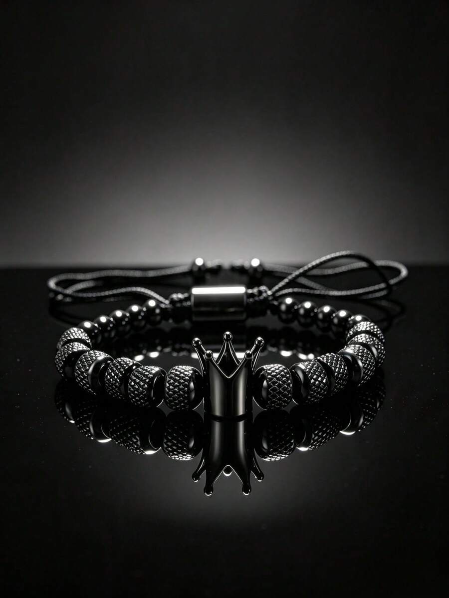 Adjustable Men's Bracelet - Crafted For Boyfriend/Husband, Adjustable Beads Stainless Steel Crown Bracelet, Anniversary Gift