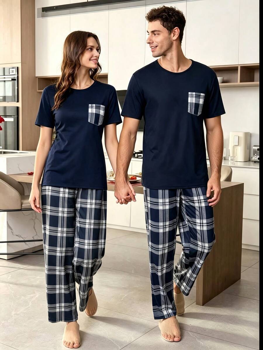 Conjunto de Pijama Unisex 2 Piezas, Camiseta de Manga Corta con Bolsillo y Pantalón Largo Estampado a Cuadros, Ropa de Dormir Casual para Hombre y Mujer - Azul Marino - Ver 1