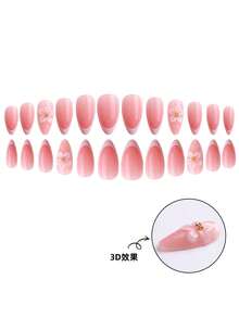 24片中號杏仁形秋季假指甲，白色法式3D白花水鑽合金壓克力穿戴甲，凝膠美甲套組（含1片果凍膠與1片指甲锉），適合女性日常穿戴、約會與派對 - 彩色 - 查看 4