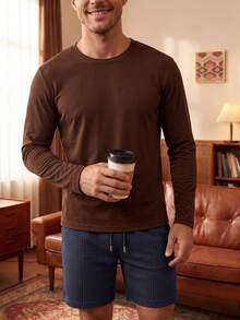 Casual Men's Home Wear Long Sleeve T-Shirt And Shorts 2 Pieces Set, Daily Loungewear Pajama Set - Brown - View 1