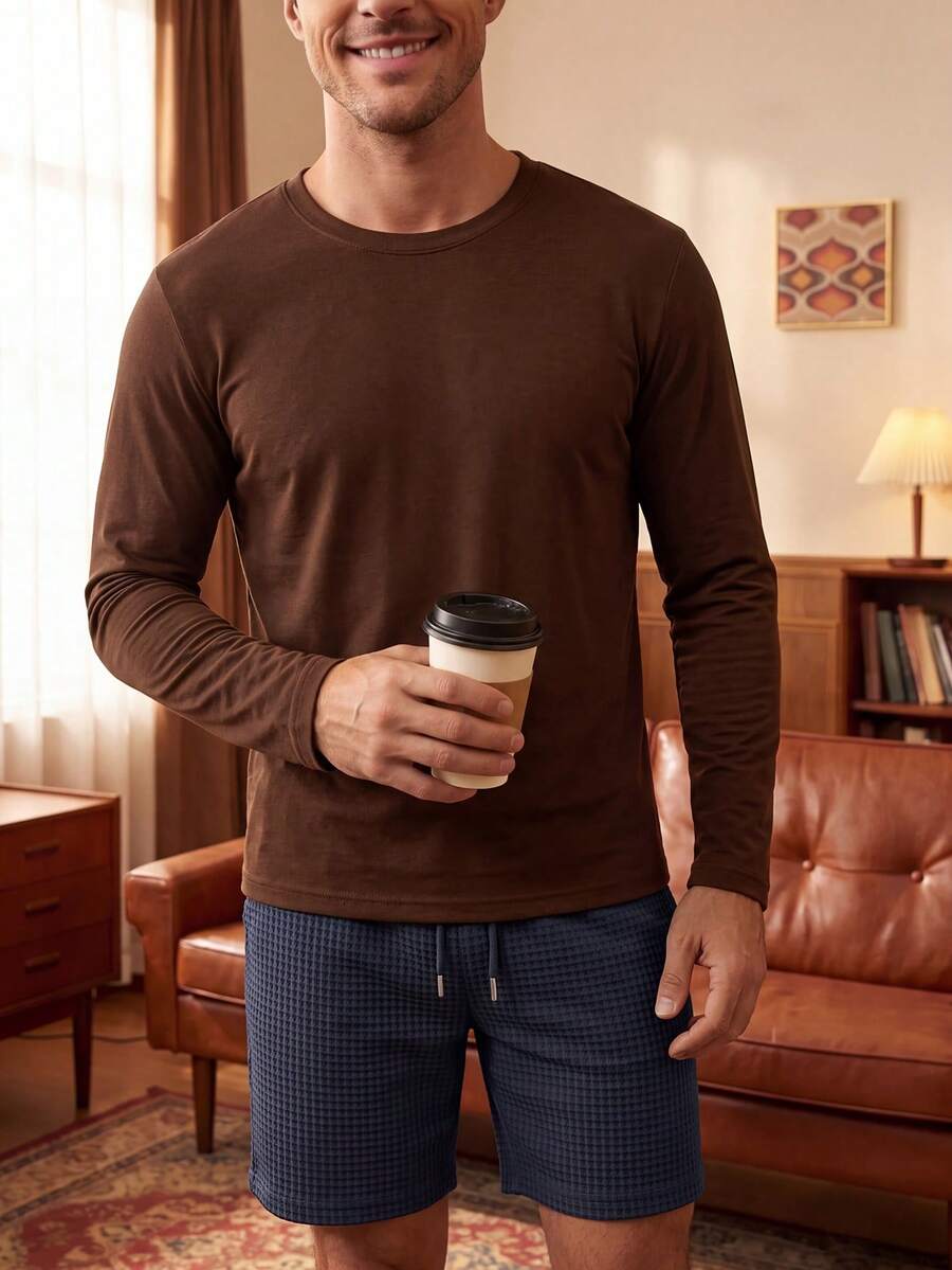 Casual Men's Home Wear Long Sleeve T-Shirt And Shorts 2 Pieces Set, Daily Loungewear Pajama Set - Brown - View 1