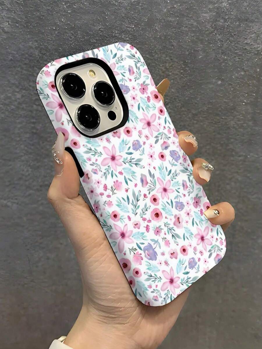 Fresh Pink Small Floral Patterns Two-In-One Matte Texture Phone Case Suitable For Compatible With Iphone17 16, 15, 14, 13, 12, 11, PRO MAX,PLUS,Air,As Well As , Galaxy S21/22/23/24/25 Ultra/FE+,NOTE20 Ultra,A71/56/55/54/53/52/36/34/26/25/23/16/15/14/13/06 - White - View 1