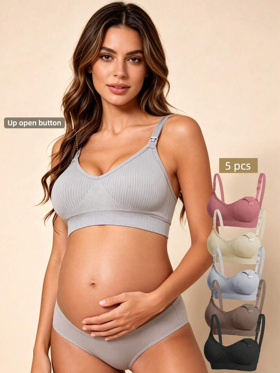 Hart & Haze 5pcs Maternity & Nursing Bras, Removable Pads, Front Closure Double Hook Design, Suitable For Pregnancy, Postpartum, All Seasons