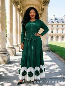 Grey Rose Miyake Miyake African Fashion Plus Size Women's Three-Dimensional Flower Color Matching Nail Diamond Elegant Dress For Women - Dark Green + One Size Fits All 80/160 - View 1
