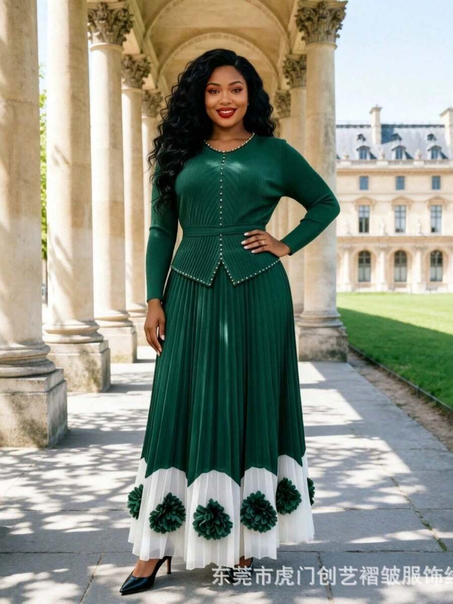 Grey Rose Miyake Miyake African Fashion Plus Size Women's Three-Dimensional Flower Color Matching Nail Diamond Elegant Dress For Women - Dark Green + One Size Fits All 80/160 - View 1