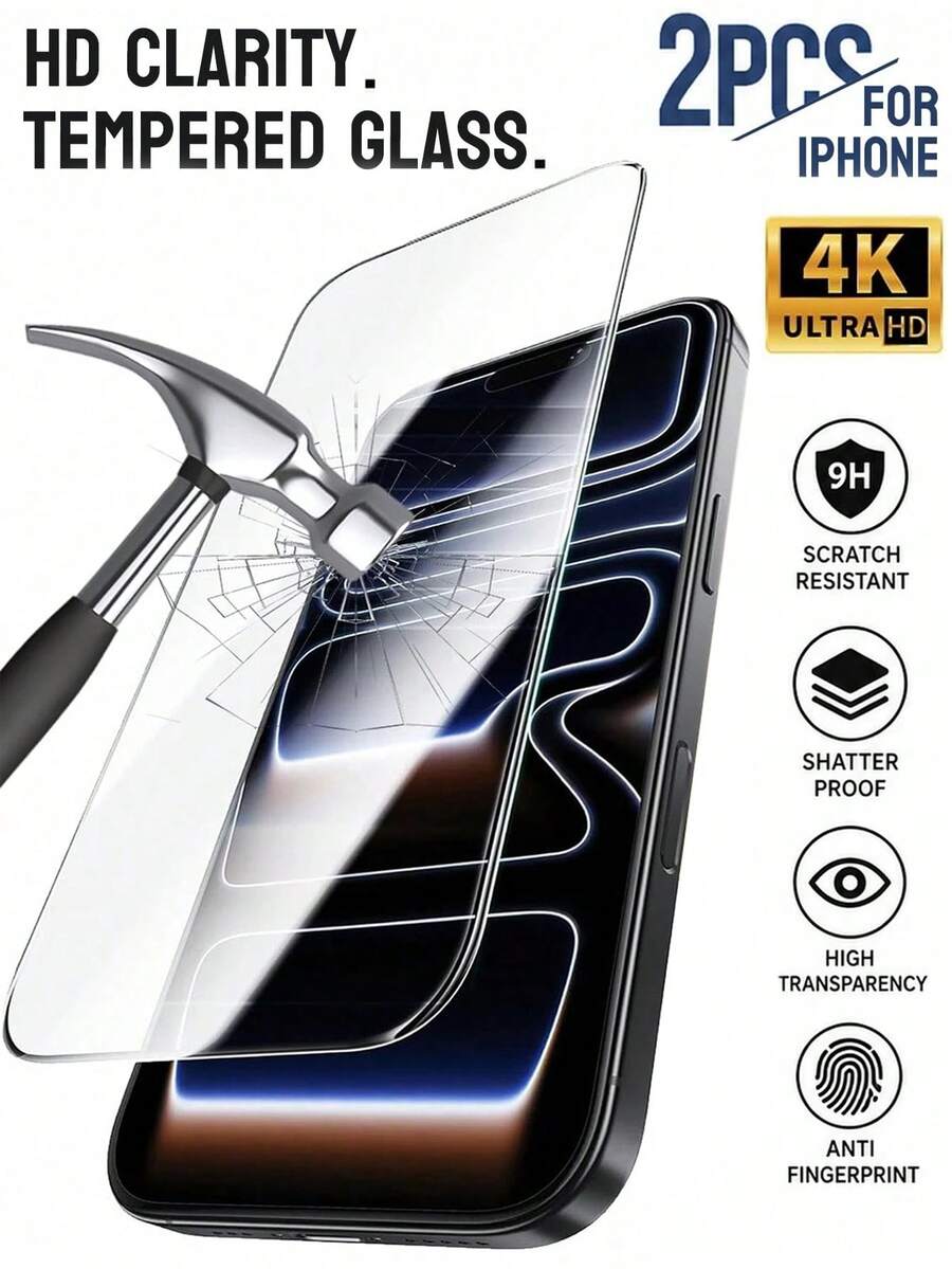 2pcs Full Coverage High Definition Tempered Glass Screen Protector, Anti-Drop Anti-Collision Anti-Fingerprint, High Hardness Material Effectively Resists Daily Wear And Tear, No Scratches When Placed In Backpack Or Contacting Hard Objects, Compatible With IPhone 18 Pro Max/18 Pro/17e/17 Pro Max/17 Pro/17 Air/17/16 Pro Max/16 Pro/16 Plus/16/15 Pro Max/15/14/13/12 And Other Models - Clear - View 1