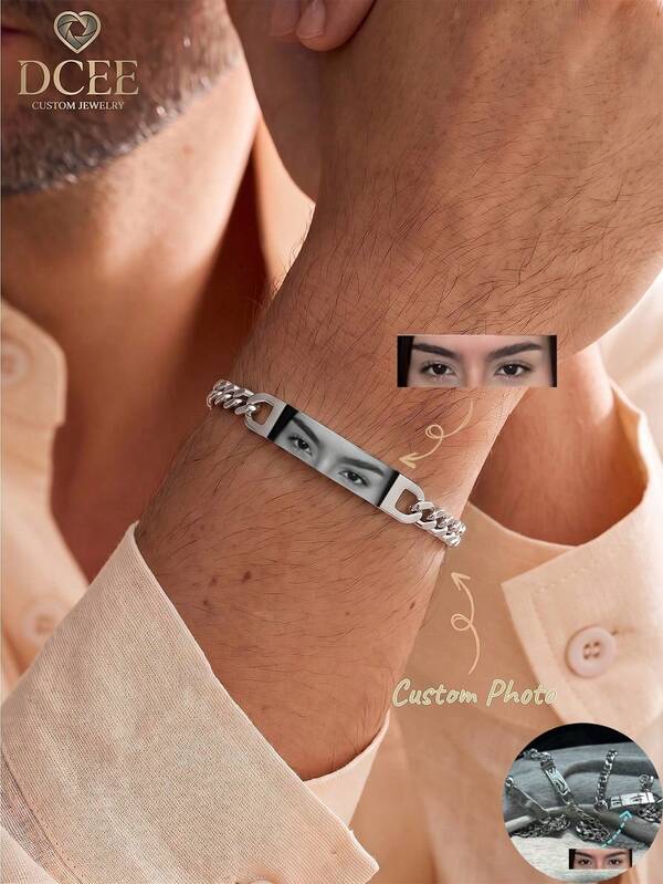 1 Stück personalisiertes Paar-Foto-Armband, Edelstahlkette mit lasergegraviertem Augen-Foto, graviertes Foto-Schmuckgeschenk für Freund, Jahrestag/Valentinstag Geschenk, Silber, Lässig, für Geburtstage, personalisiertes Geschenk, Geschenk für ihn