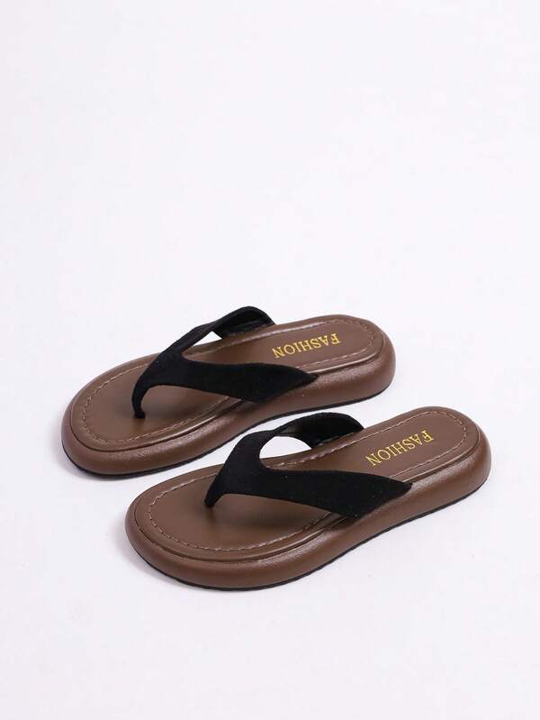 Classic Women's Thick Sole Round Toe Non-Slip Comfortable Casual Slip-On, Soft Sole Wide Strap Thong Sandals Suitable For Jeans And Various Outfits, Breathable Summer New Versatile Women's Sandals