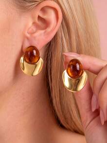 VJS 1 Pair Vintage French Style Resin Round Bead Stud Earrings, Color-Block Half-Circle Metal Patchwork Design, Women's Daily Commute, Date, Party Earrings - Resin Ball Stud Earrings - View 11