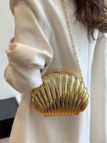 Mini Shell Shaped Laser Metal Clutch Bag,Y2K Retro Metal Frame Chain Shoulder Crossbody Bag,For Women's Formal Evenings, Outings,Dates,Shopping,Etc. - Gold - View 10