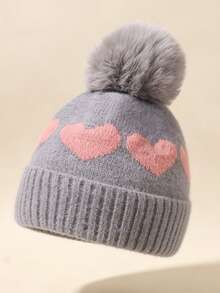 1pc Baby Girl Newborn Toddler Pom-Pom Heart Beanie Hat Earflap Hat,Cozy Knit Winter Warm Heart Cute Hat For Kids, Outdoor Baby Accessories Bonnet - Multicolor - View 9