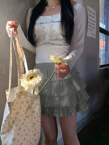 奶油白荷葉邊飾女款夏季芭蕾風高腰顯瘦蓬蓬蛋糕裙 - 灰色 - 查看 2