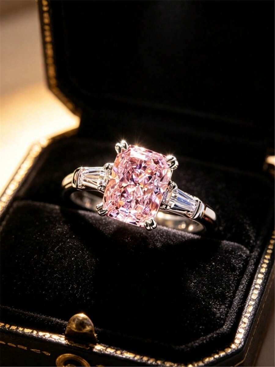 1pc Women's Engagement Ring, Fashion Classic Cubic Zirconia Decorated Ring, Suitable For Women's Daily Wear, Engagement, Wedding, Anniversary, Party, Jewelry, Valentine's Day, Birthday Gift - Pink - View 1