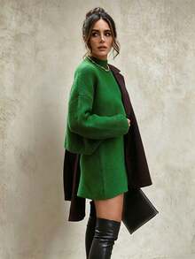 Women's Solid Color Mock Neck Long Sleeve Top + Elastic Waist Short Skirt – Fall Winter Simple Lazy Knit Skirt Set, Street Casual Matching Wear - Green - View 5