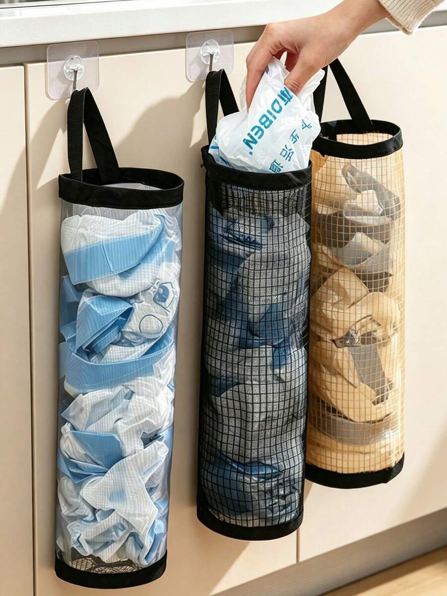 3/1pc Wall Mounted Plastic Garbage Bag Storage Box, Breathable Mesh Hanging Organizer For Sorting Bags, Multi‑Purpose Household Storage Rack, Fits Dorm Room, Bedroom, Kitchen, Camping, Back‑To‑School Supplies Home Storage Accessories