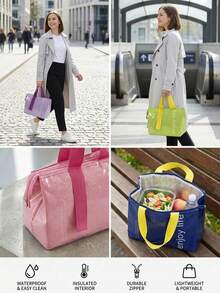 Rectangular Letter Print Lunch Tote Bag, Glossy PU Outer Layer, Contrast Color Handle, Zipper Closure, Aluminum Foil Lining, Large Capacity Insulated Lunch Bag, Suitable For Women, Work, Office, Picnic, Beach, Camping, Travel, Spring/Summer Daily Use - Multiple Styles - View 5