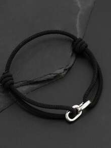 1pc Minimalist Black Braided Rope Bracelet With Silver Horseshoe Double Ring Metal Clasp, Adjustable Cool Style Men's Bracelet, Versatile Couple Gift Accessory - White K+Black - View 4