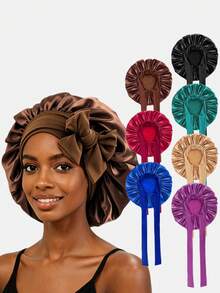 1pc Women's Satin Ribbon Sleep Cap Adjustable Tie Headscarf Beauty Hair Care Bonnet Suitable For Daily Use - Multicolor - View 1