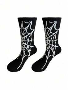 1/5 Pairs Men Skull & Spider Pattern Mid-Calf Socks, Comfortable Creative Casual Socks Suitable For Daily Wear, Halloween, Parties, Fall Socks - Multicolor - View 4