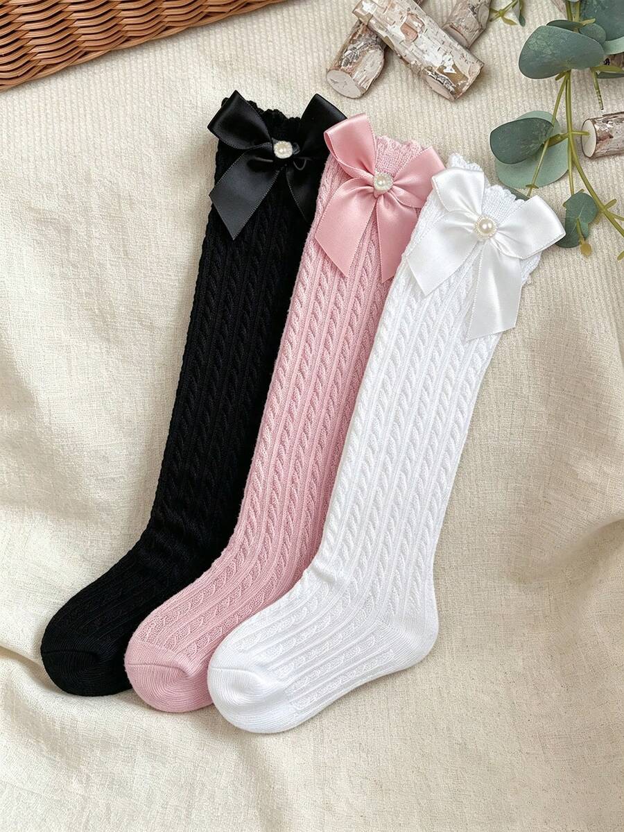 3雙女童珍珠蝴蝶結過膝襪，無跟過膝襪，百搭風格，適合所有年齡