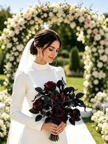 1/12pcs Realistic Black Calla Lily & Rose Artificial Flowers, Elegant Style, Suitable For Wedding, Home Decor, Room Arrangement, Bedroom Decoration, Outdoor Garden Decor, Wreath Making, Wedding Floral Arrangement, Tabletop Decor, Autumn Decoration, Halloween Decor - Multicolor - View 4