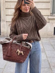 Autumn/Winter Cable Twist Knitted Sweater, Casual Comfortable Ladies Ribbed Turtleneck Pullover - Khaki - View 1