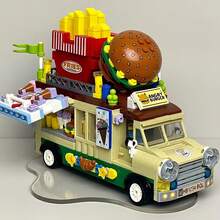638pcs Mini Building Blocks Hamburger Food Truck Set, Street Scene Fast Food Truck With Giant Hamburger, Fries, Ice Cream Decorations, DIY Assemble Car Model Toy, Exquisite Desktop Ornament, Suitable For Teenagers, Adults Building Block Enthusiasts Collection And Gift - Multicolor - View 4