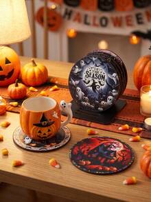 1 Set Halloween Wooden Coasters, Halloween Gothic Style Non-Slip Coasters, Halloween Decoration, Halloween Party Decoration, Halloween Trick Or Treat Decoration, Scary Halloween Decoration, Ghost BOO/Pumpkin/Witch Pattern Coasters, Home Decor, Tabletop Decor - Halloween Mix - View 3