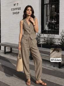 Conjunto de blazer, chaleco y pantalones de lino casual para mujer, primavera/verano - Marrón - Ver 1