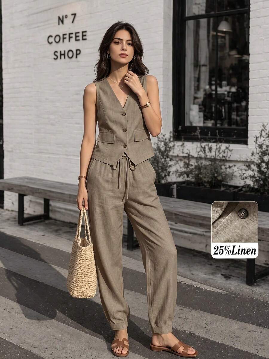Conjunto de blazer, chaleco y pantalones de lino casual para mujer, primavera/verano - Marrón - Ver 1