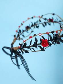 Crescent Moon Red Rose Witch Flower Crown Black Leaf Branch Headpiece Gothic Forest Witch Halloween Dark Bridal Head Accessory - Red - View 7