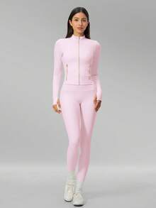 MFVIM Women's Versatile Yoga Set, Soft Skin-Friendly Fitted Jacket + Butt-Lifting Slimming Wide Leg Casual Pants - Pink - View 6