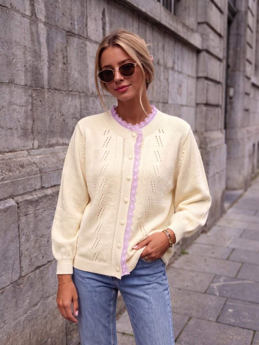 Mint Green Lace Trim Pointelle Knit Crew Neck Long Sleeve Cardigan Women Sweet Casual Y2K Back To School Halloween Fall Winter - Light Yellow - View 1