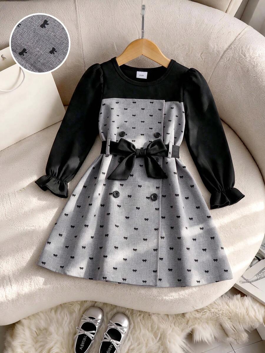 2pcs/Set Girls Casual Minimalist Long Sleeve Grey & Black Colorblock Dress - Black - View 1