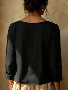 Women's Elegant Pleated Long Sleeve Blouse, Regular Fit Solid Color Top, Suitable For Spring And Autumn Wear, Vintage Style Regular Hem Top - Black - View 5