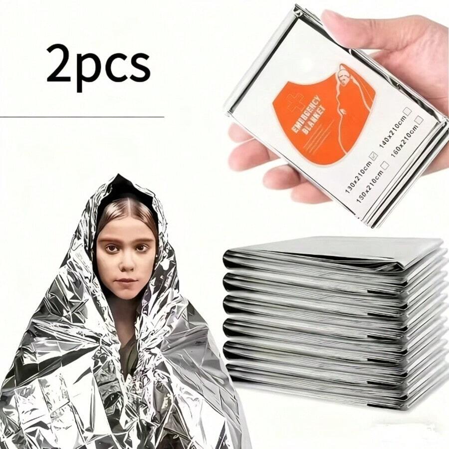 2pcs Emergency Warm Blanket - PET Material, All Season, Washable, Plain Weave - Space-Saving Survival Gear, Suitable For Camping, Hiking, Outdoor Activities And Emergency Situations - Silver - View 1