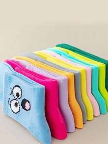 10 Pairs Random Mixed Color Kids Socks, Cartoon Cute Expression Pattern, Baby Boys & Girls, Japanese Style Versatile Mid-Calf Socks For Children & Teens - Multicolor - View 8