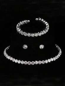 1 件手链、1 件项链、1 对耳环、奢华水钻项链、耳环和手链首饰套装，适合女士、婚礼/订婚 - 銀色 - 查看 1