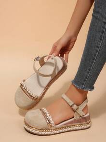 Sandal Tertutup Anyaman Gaya Bohemian untuk Wanita, Sepatu Pantai Kasual dengan Sol Tebal dan Tali Belakang Berhiaskan Rivet Vintage - Aprikot - View 4