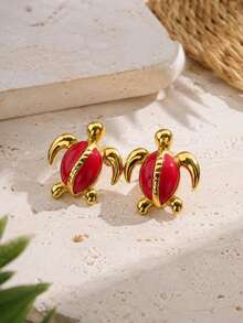 8 Pairs Vintage Red Enamel Stud Earrings Set, Women's Gold Flower Butterfly Turtle Geometric Shaped Exaggerated Jewelry, Suitable For Daily Wear And Party - Red - View 18