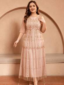 JINLICX Luxury Plus‑Size Champagne Crystal Beaded Embroidered Banquet Evening Gown - Champagne - View 2