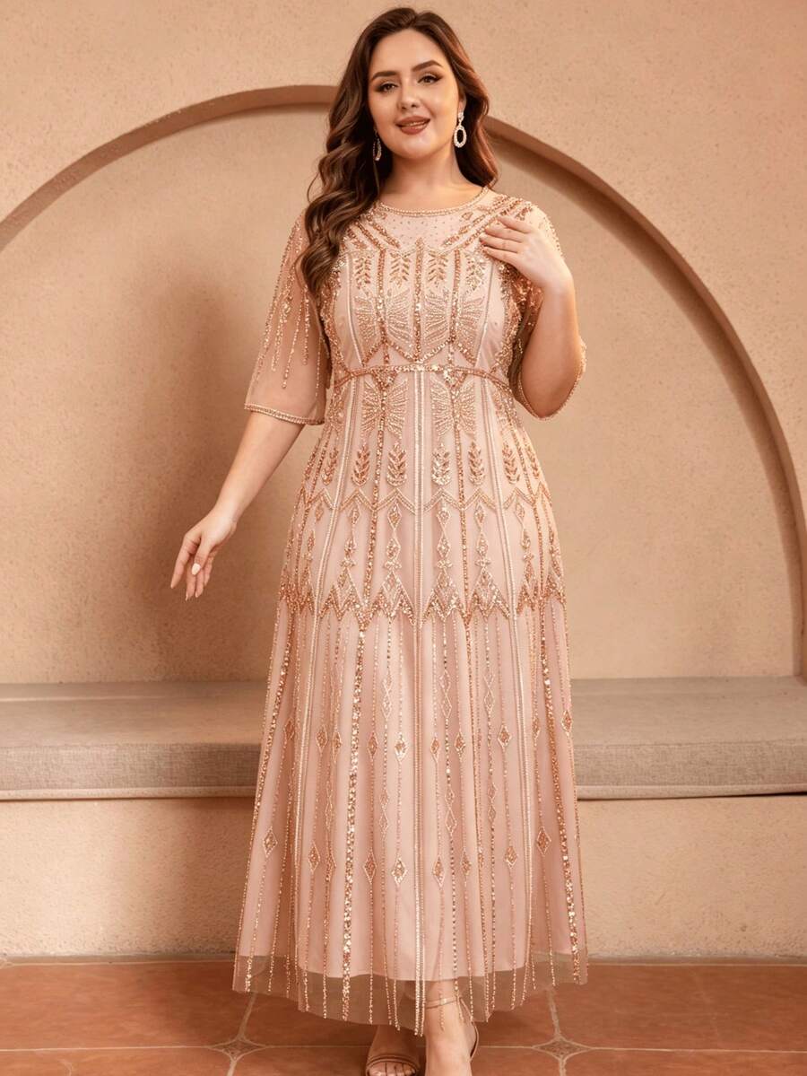 JINLICX Luxury Plus‑Size Champagne Crystal Beaded Embroidered Banquet Evening Gown