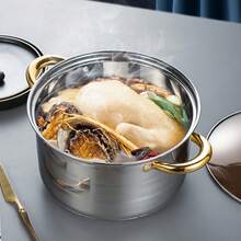 Juego de utensilios de cocina de 6 piezas, juego de ollas de caldo de acero inoxidable, juego de ollas de caldo bivalvas chapadas en oro, uso para camping al aire libre, cocina familiar, Navidad, Día de San Valentín, Día de Acción de Gracias, comida para llevar - 6 piezas - Ver 7