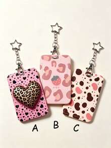 1pc Star Pendant Sweet Cool Card Holder, Leopard Print Heart Cow Spotted Strawberry Pattern, Hard Shell Protective Case For Student Campus ID Card, Access Card, Bus Card, Keychain, High Resilience Scratch-Resistant Material, Waterproof And Dirt-Resistant, Effectively Prevents Card Bending And Wear, Suitable For Student Commute, Office Work, Daily Travel - Rectangle - View 1