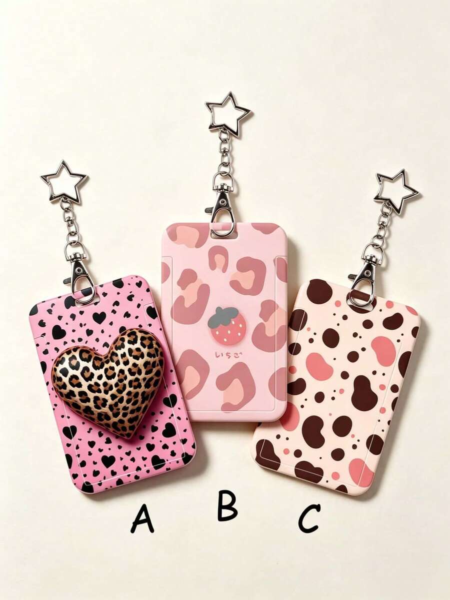 1pc Star Pendant Sweet Cool Card Holder, Leopard Print Heart Cow Spotted Strawberry Pattern, Hard Shell Protective Case For Student Campus ID Card, Access Card, Bus Card, Keychain, High Resilience Scratch-Resistant Material, Waterproof And Dirt-Resistant, Effectively Prevents Card Bending And Wear, Suitable For Student Commute, Office Work, Daily Travel - Rectangle - View 1